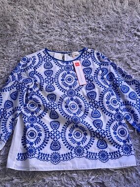 Jude Connally Azure Eyelet White Top with Blue Embroidered Medallion Pattern